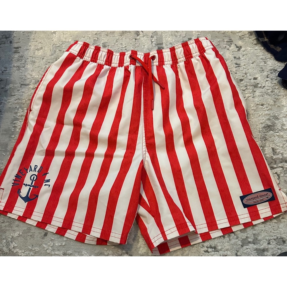 Vineyard Vines Boys Red White Striped Anchor Swim Trunks Shorts Size L Large